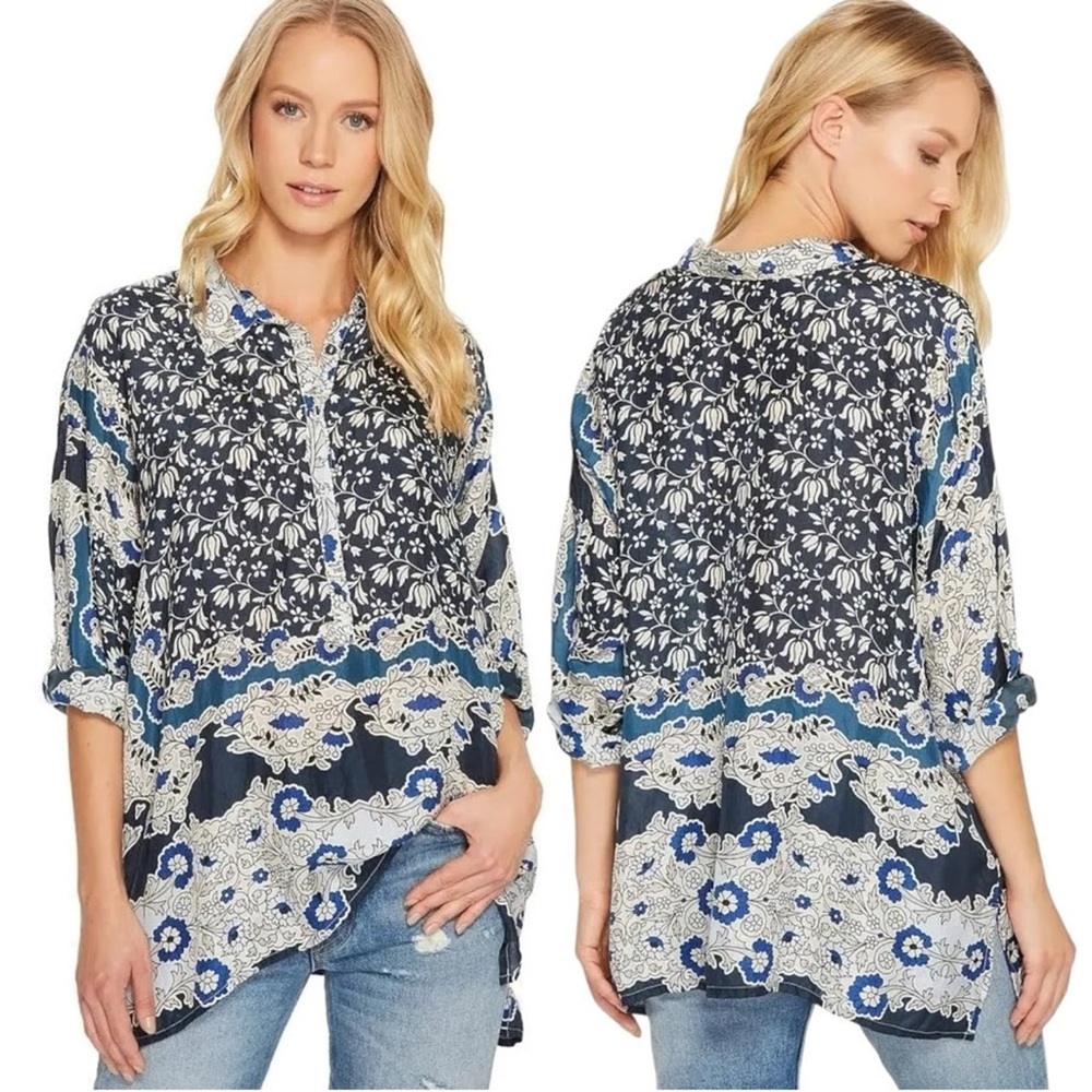 Johnny Was Silk Tunic Blouse Small Blue Floral Boho Oversized Flowy Top